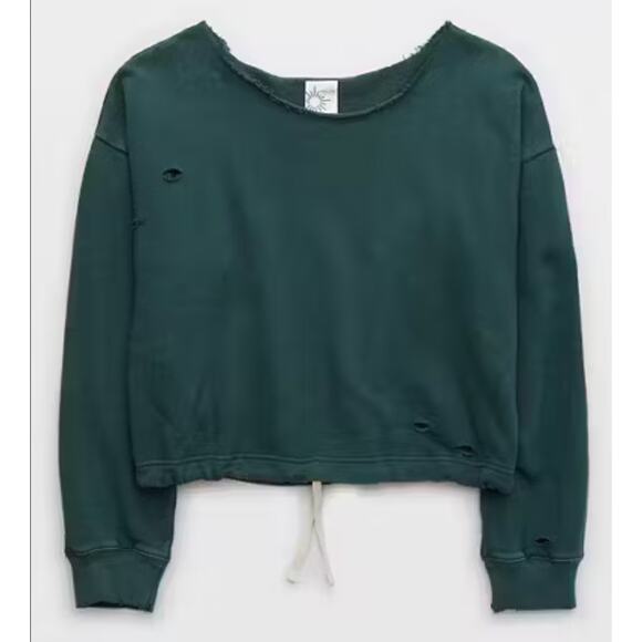 Aerie Offline Cropped Distressed Sweatshirt Dark Green Terry Cloth Fabric Sz XS - Picture 15 of 15